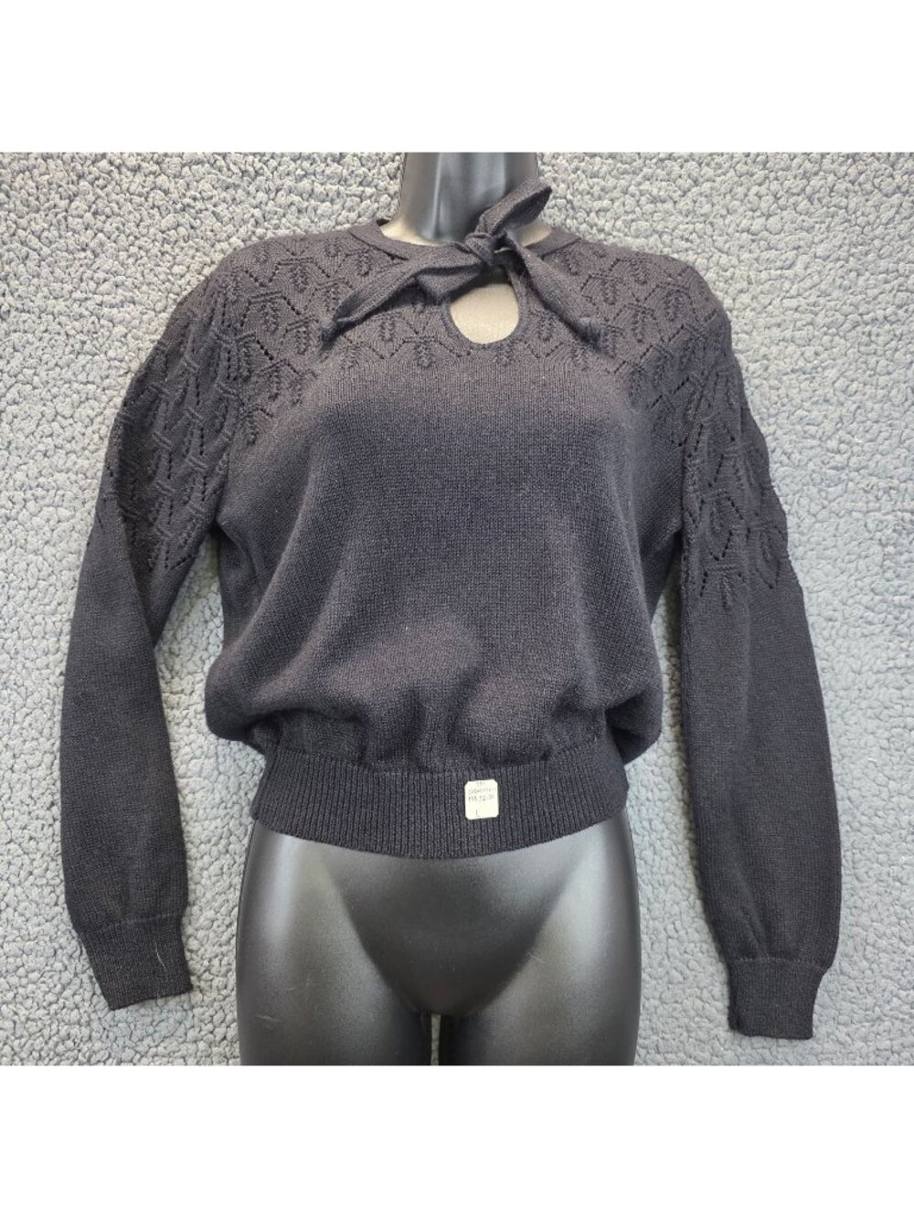Vintage 90s College Point Whimsygoth Sweater L Black Deadstock Tie Neck Retro